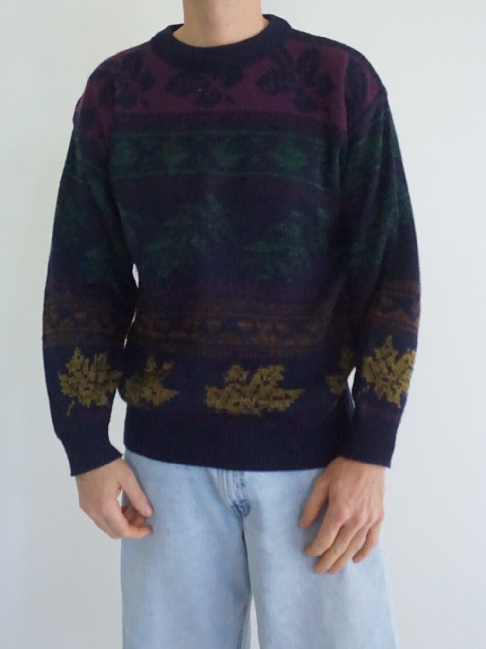 Vintage Celebrity Club Navy Plum Green Leaf Botanical Long Sleeve Knit Sweater M